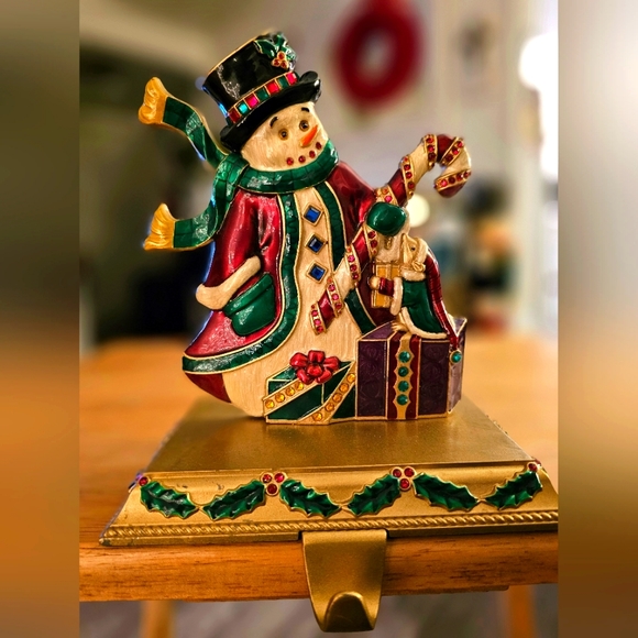 Vtg stocking holder enamel snowman